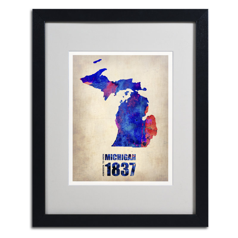 « michigan aquarelle map », impression sur toile encadrée, H 20 po x l 16 po x P 0,5 po, Noir