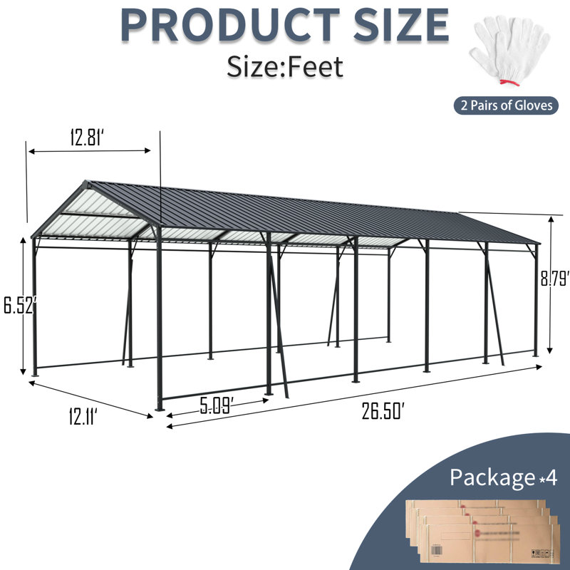 13*26.5 Ft, Carport, Galvanized Steel Roof, Frame, 4 Inclined Square Tubes, Support, Mud, Asphalt, Boats, Outdoor Gatherings, Rust - Heavy Duty Ft Components, Fixed Tube Supports, , Ideal For