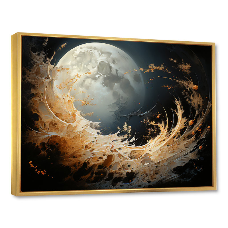 Fiery Moonlight Vision - impressions sur toile de lune, Cadre flottant doré, H 24 po x l 32 po x P 1 po