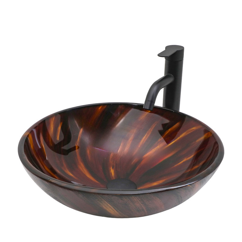 Lavabo de salle de bain vasque en verre trempé avec bonde escamotable, Marron foncé