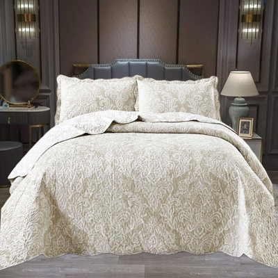 Printed Bedspread Set Damask Pattern with Matching Pillow Shams, Soft Microfiber Coverlet, Lightweight & All-Season Bedding