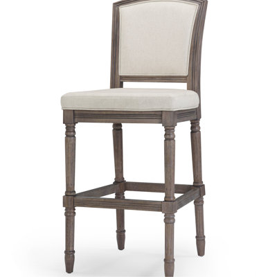 Tabouret de bar gris de 31 po de hauteur patiné avec dossier rembourré, texturé, pour l'assise de la cuisine et la conception d'un coin pub