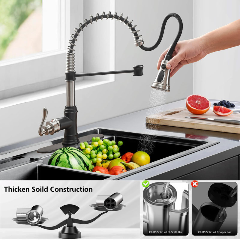 Kitchen Sink Faucet With Deck, High Arc Single Handle Pull-Down Sprayer, Three Spray Modes Kitchen Faucet