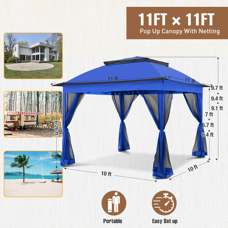 11 Ft. W x 11 Ft. D Pop Up Canopy Patio Gazebo with Mesh Wall, Blue