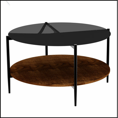 Mid-Century Modern Glass Top Coffee Table with Wooden Shelf, Black Metal Frame, Space-Saving Design for Living Rooms