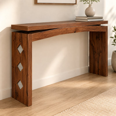 Console brésilienne en noyer brésilien, tablier ondulé, étroit ultra-mince, découpes géométriques, minimaliste moderne