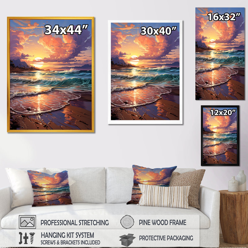 «Beachside Sunset Horizon 2», art mural plage, H 32 po x l 24 po x P 1 po, Cadre flottant brun