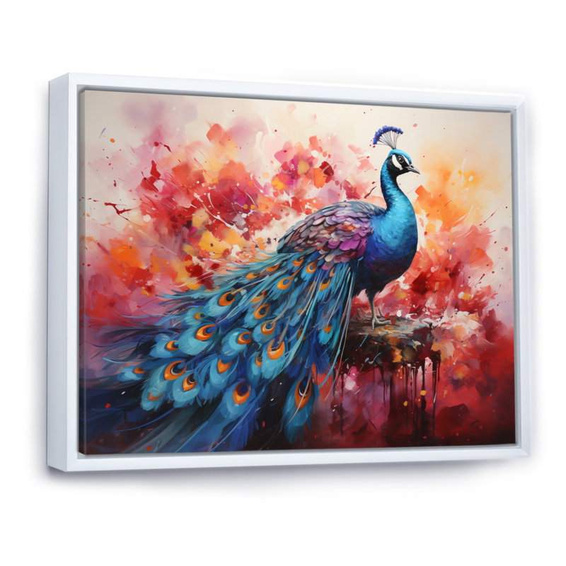 Acrylique multicolore sur toile rouge, représentation d'un paon rouge, H 12 po x l 20 po x P 1 po, Cadre flottant blanc