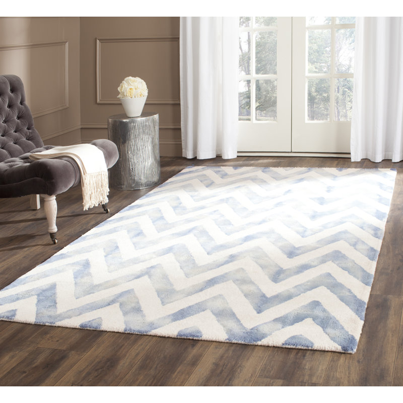 Chou Hand Tufted Wool/Cotton Geometric Rug in Ivory/Blue, Rectangle 9' x 12'
