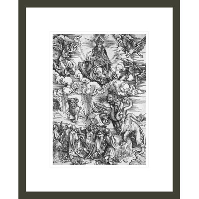Scène de l'Apocalypse Le dragon à sept têtes et dix cornes (gravure sur bois) (photo noir et blanc) par Albrecht Dürer