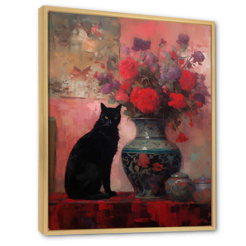 Peinture d'un chat noir avec vase rouge, H 40 po x l 30 po x P 1,5 po, Cadre naturel flottant