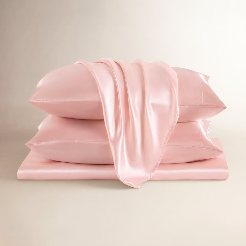 Drap de coton Tencel double couture uni 4 pièces , Ensemble de draps pour très grand lit, Corail