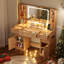 Meuble-lavabo cannelé 46,5 po avec miroir et lumières, meuble-lavabo à 5 tiroirs avec armoires de rangement et tablettes ouvertes