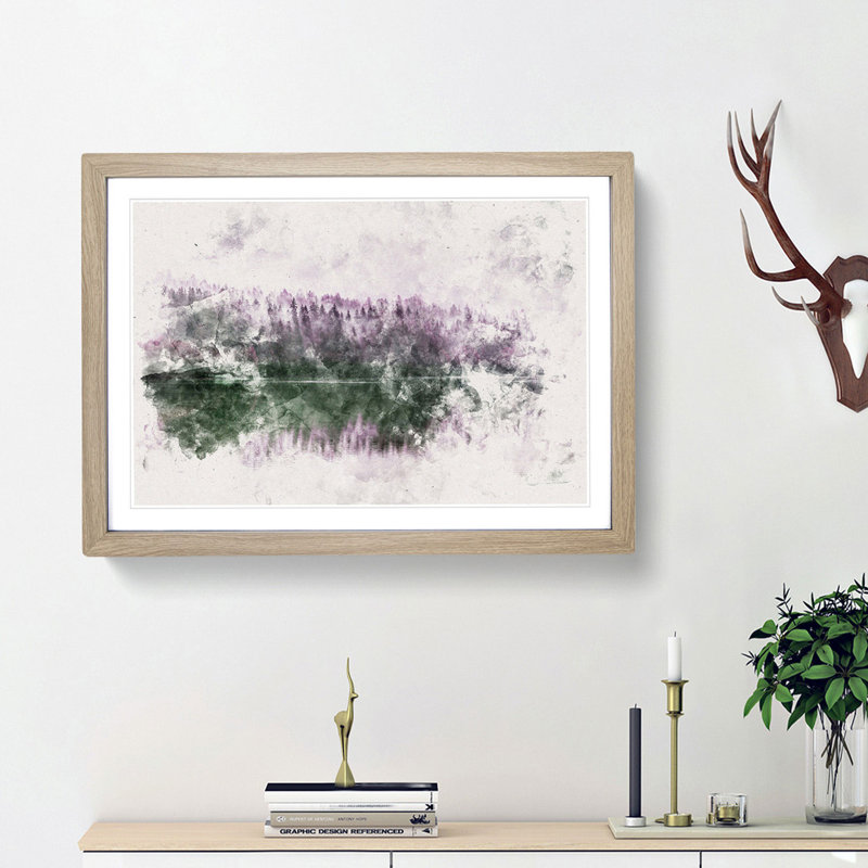 Fog Over Forest In Italy Watercolour - Single Picture Frame Print on MDF, Oak Framed, 62cm H x 87cm W x 2cm D