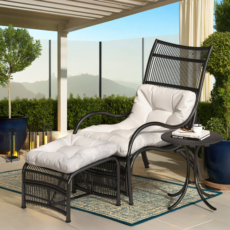 3-Piece Outdoor Wicker Chaise Lounge Set with Chair, Ottoman, and Acacia Wood Table, Black