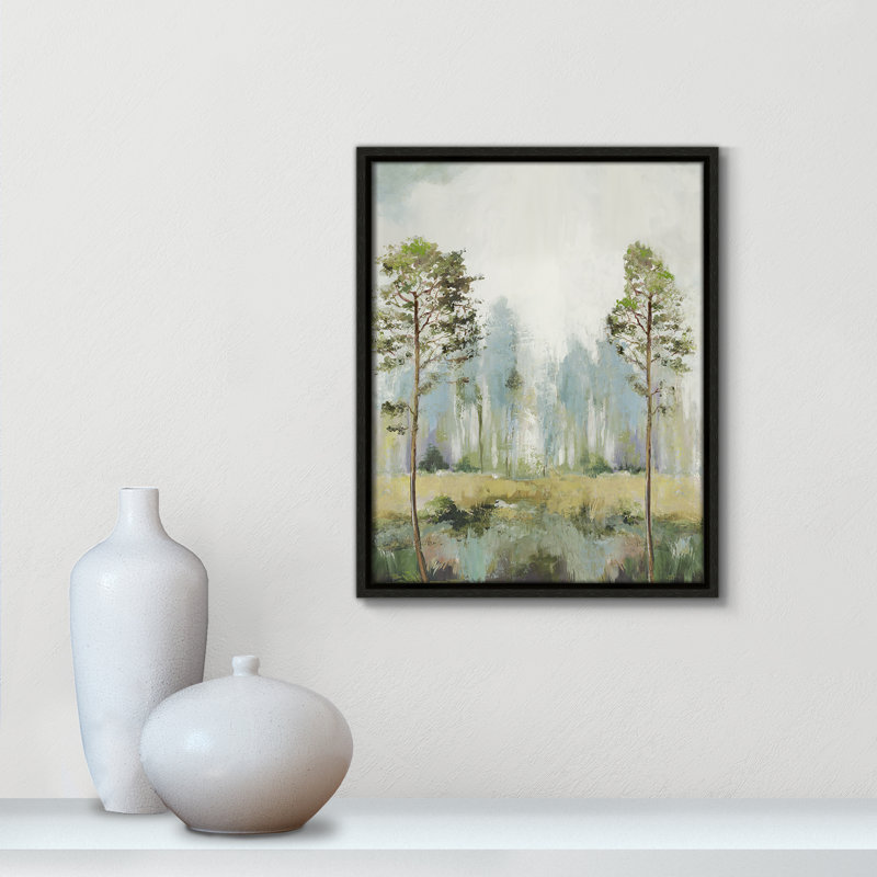 Teton Tall Green Trees II by Teton Pearce - Floater Frame Print on Canvas, 15.5" H x 12.5" W, Black