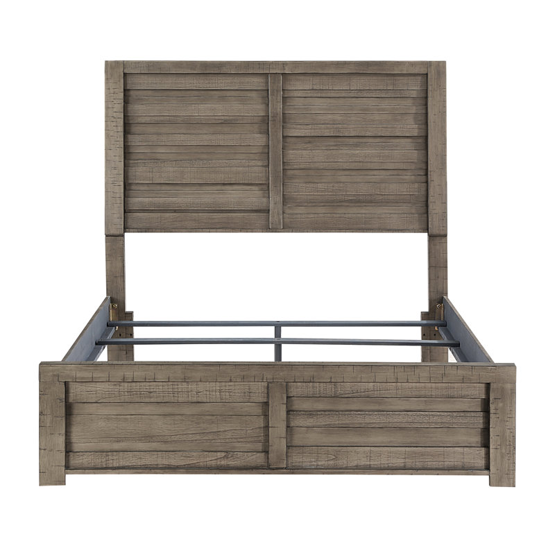 Lit double gris rustique pour chambre à coucher, fabrication en bois avec tête de lit à panneau, meubles de chambre à coucher et rails