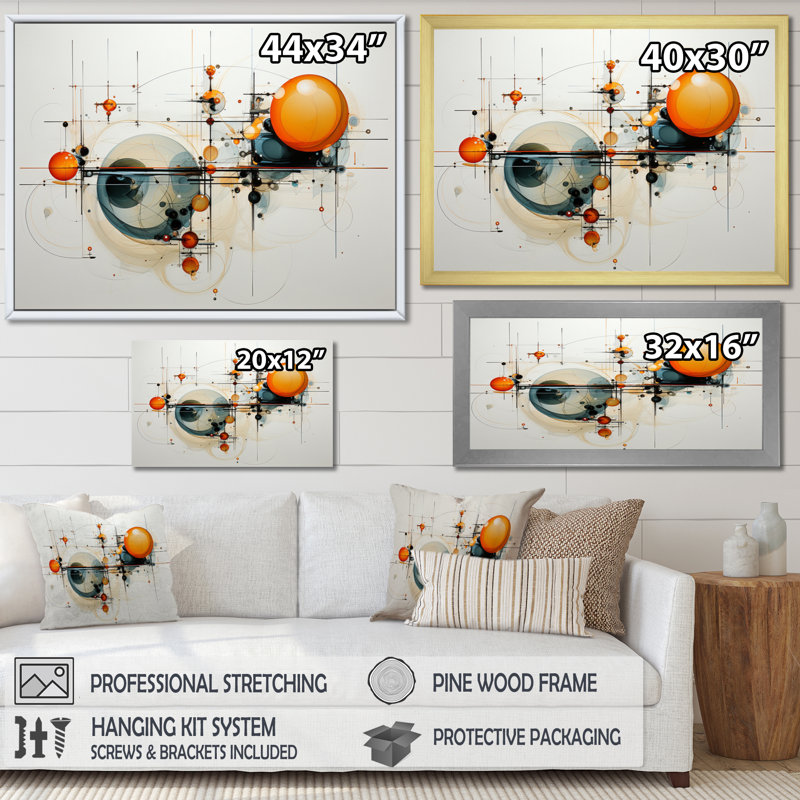 Janielle Teal Orange Line Art Conceptual Abstractions II sur toile, H 16 po x l 32 po x P 1 po, Cadre flottant doré