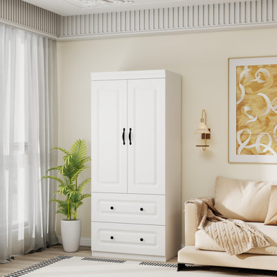 2-Door Armoire Wardrobe Closet with 2 drawers and Hanging Rod White