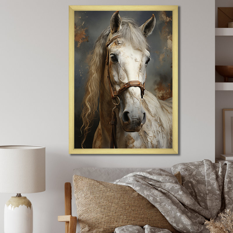 Lasaundra White Horse, H 32 po x l 24 po x P 1 po, Cadre doré simple