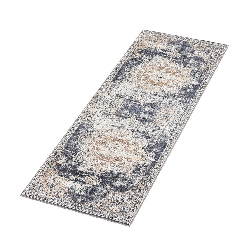 2'x6' Vintage Medallion Washable Runner Rug, Non-Slip Thin Low Pile Carpet for Hallway, Black, Runner 2' x 6'