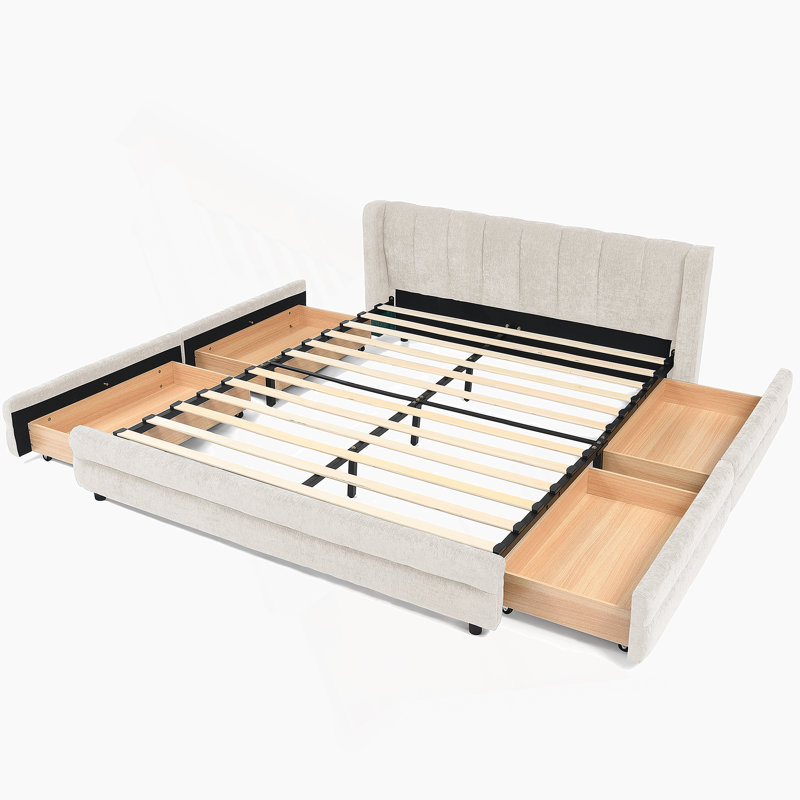Structure de lit tapissier pour grand lit avec tissu en chenille épais, tête de lit confortable et tiroirs de rangement sous le lit pour les chambres à coucher modernes