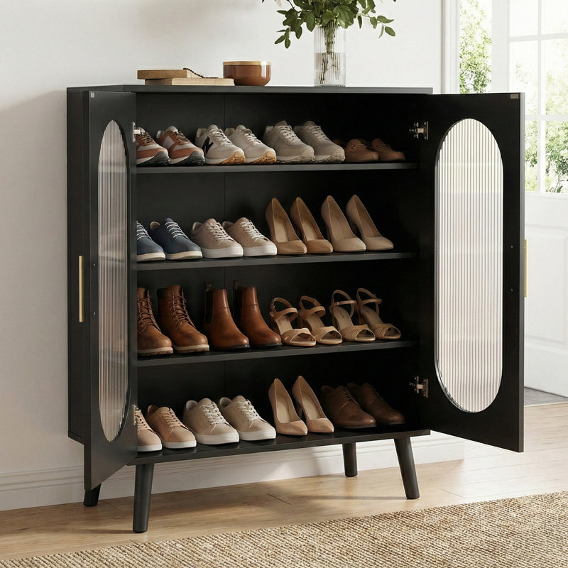 2 Door Sun Panel Elevated Shoe Cabinet USB 7 Color LED 4 Tier 26.77" W, Black