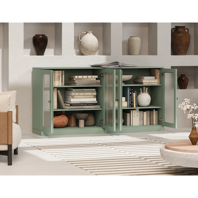 100% Solid Wood 64" Sideboard with Frosted Glass Doors and Adjustable Shelves, Yellow
