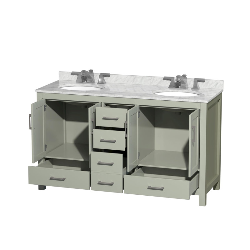 Sheffield 60" Double Bathroom Vanity Set, White Carrara, Light Green