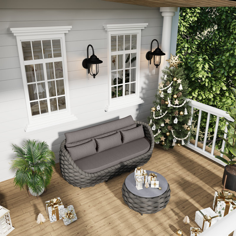 Canapé de patio extérieur en aluminium et corde en polyester pour 3 personnes avec coussins et table basse, Gris foncé