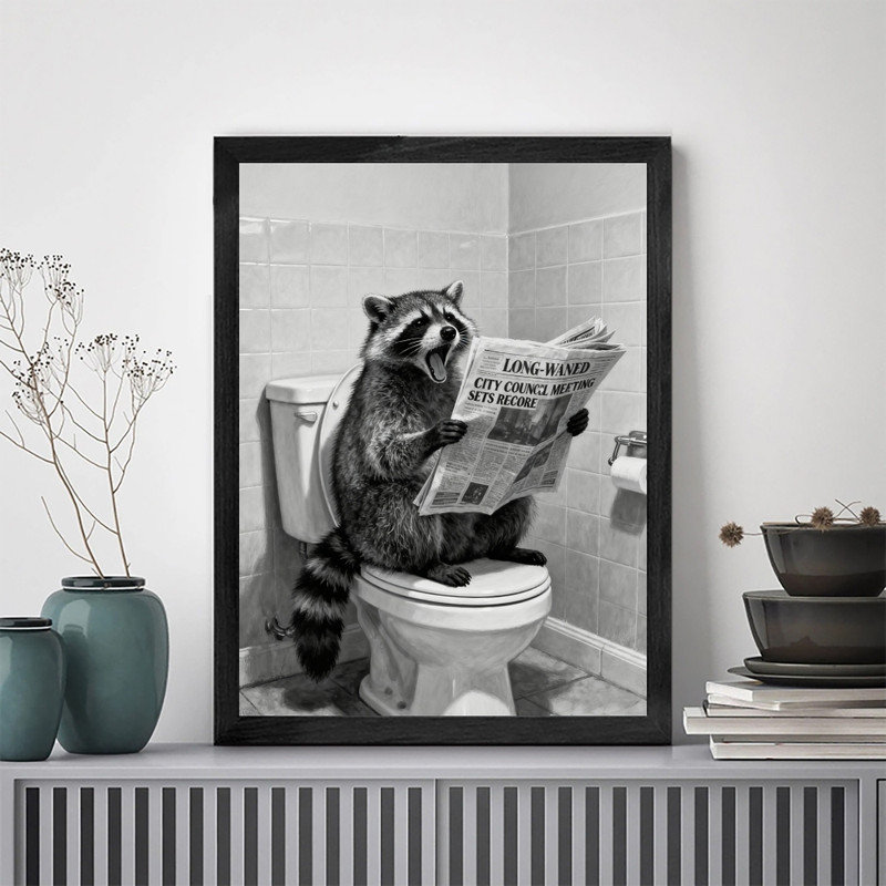 Art mural noir, lecture de journal de lecture de raton laveur sur toilette, impression de cadre de salle de bain humoristique