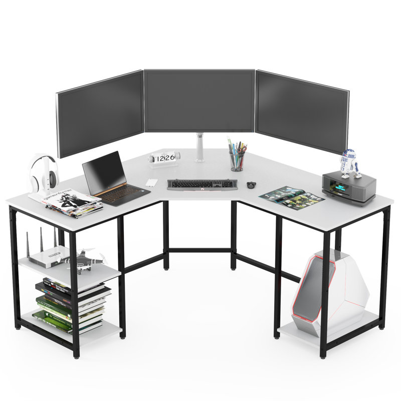 56.9" L Shaped Desk with Shelves Corner Computer Desk Large Table, White/Black
