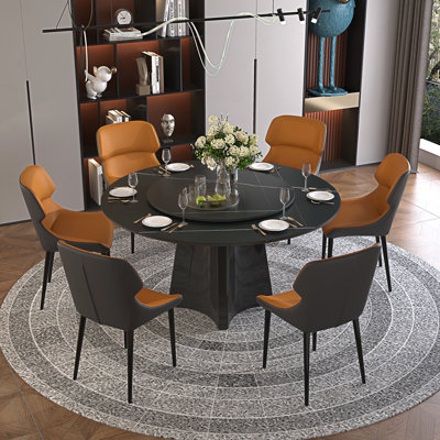 Ensemble de table de salle à manger de 51 po pour 6 personnes, table moderne en pierre frittée avec plateau tournant et chaises de salle à manger