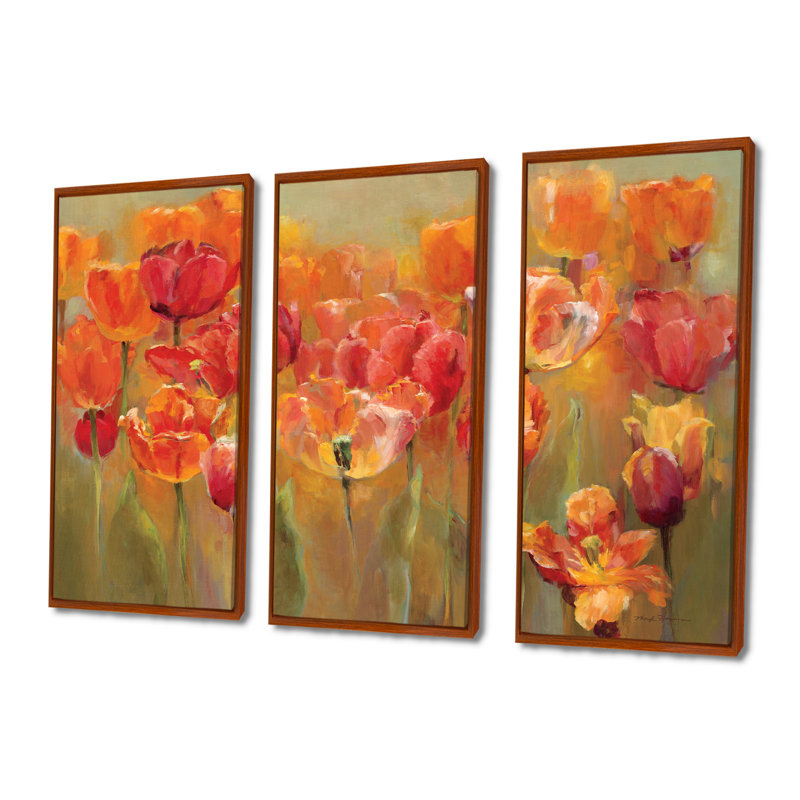 Ensemble de 3 tulipes rouges encadrées sur toile, H 40 po x l 60 po, Brun