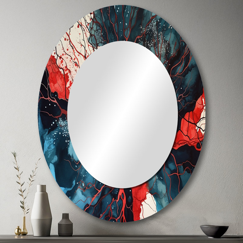 Blue Red Captivating Liquid Ink III - Large Oval Wall Mirror On Metal, 43" x 33"