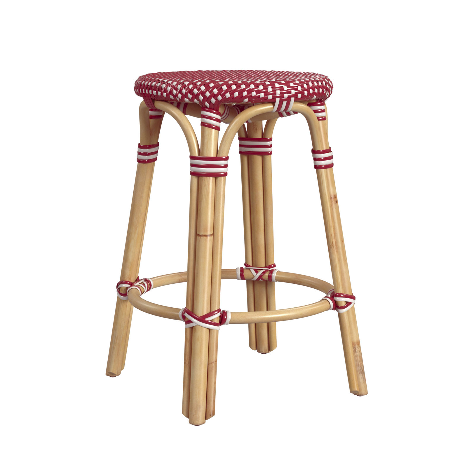 Alastair Bar and Counter Stool, Counter Stool (24" Seat Height), Red/White Dot/Natural Rattan Frame