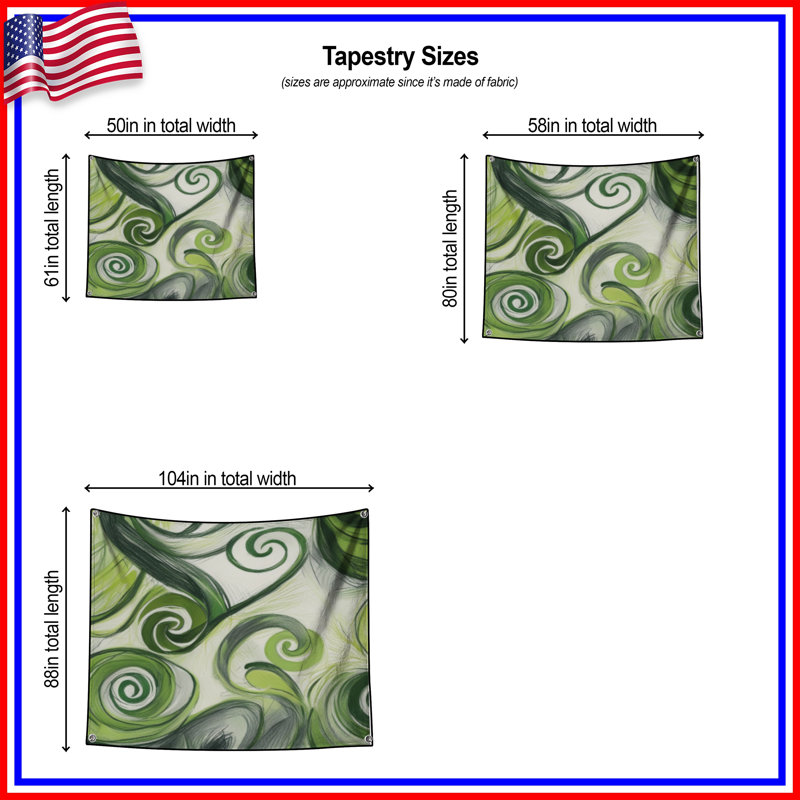 Tapisserie murale abstraite tourbillon vert - décoration murale tourbillons, 68in H x80in W with 4 Grommets