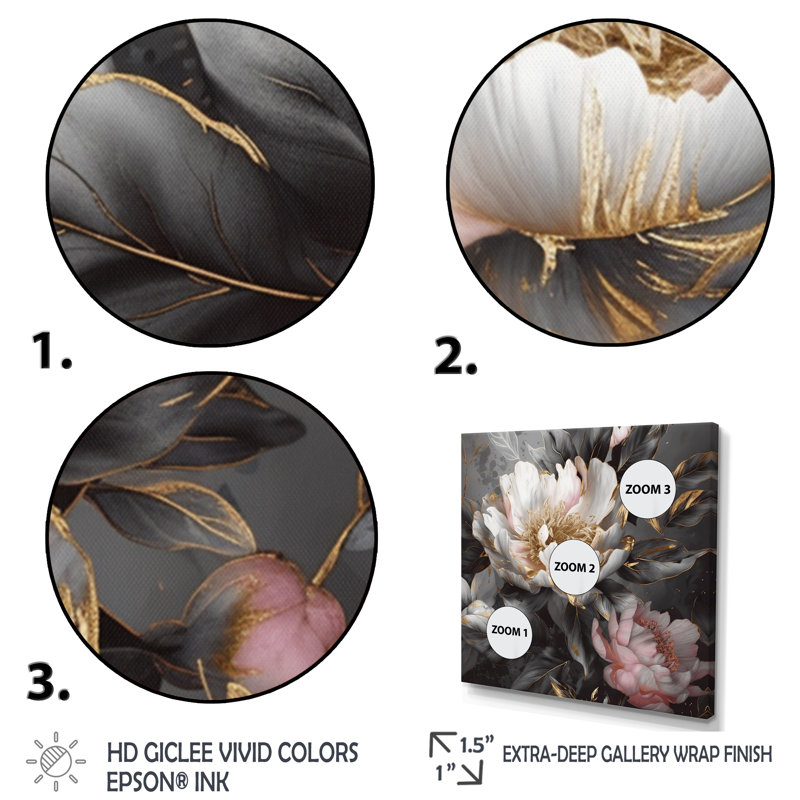 Pivoines roses et grises en fleurs II - impressions de pivoines, Cadre doré, H 36 po x l 36 po
