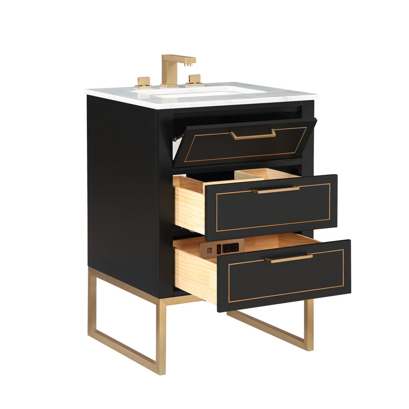 Markham 24'' W Single Vanity, Midnight Black, Carrara Marble, Satin Brass