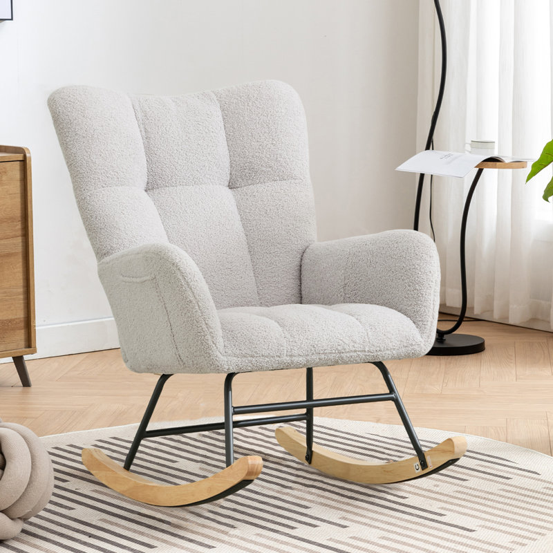 Nursery Rocking Chair Teddy Glider Rocker Accent Chair with High Backrest Armchair and Side Pocket for Living Room, Bedroom, Offices