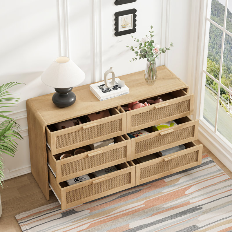 Commode de coin en forme d'arc - 6 tiroirs, grande console de rangement au fini naturel, Natural