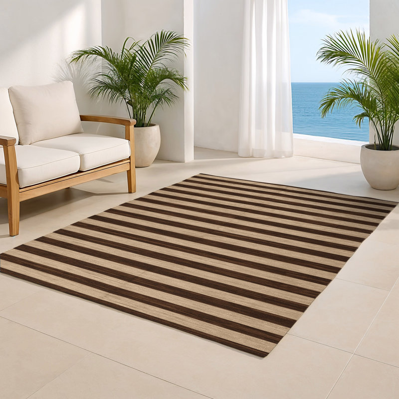 Tapis intérieur / extérieur brun HorizontalStripes, Rectangulaire 8 pi x 10 pi
