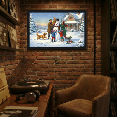 Christmas Winter Family Snowman Scene With Dog