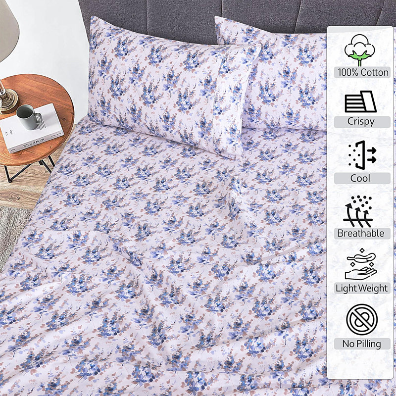 100% Cotton Sheets Sets Soft Crispy Percale Cooling Sheets 16 Inch Deep Pocket Bed Sheets, King Sheet Set with 2 Pillowcase