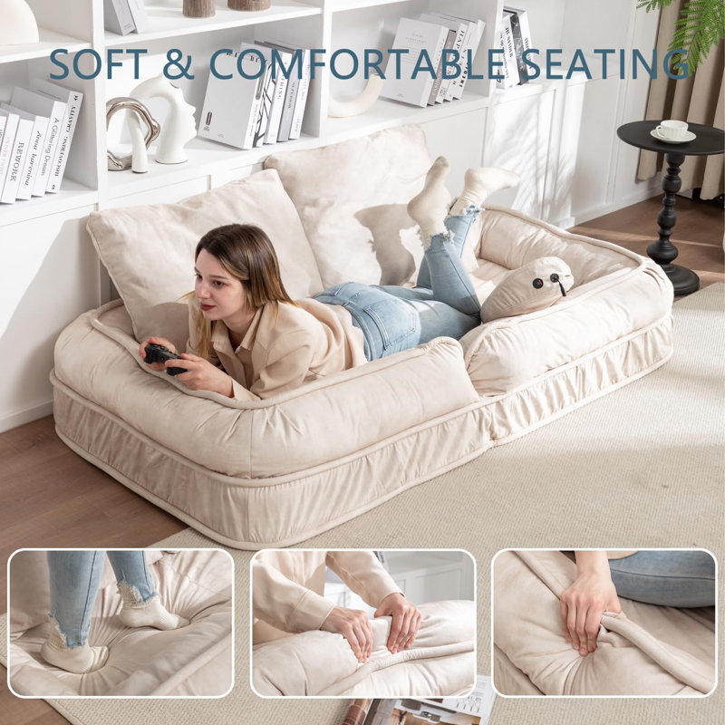 Boneless Upholstered Adjustable Position Adult Pets 2 Pillows Human Dog Sofa, Beige