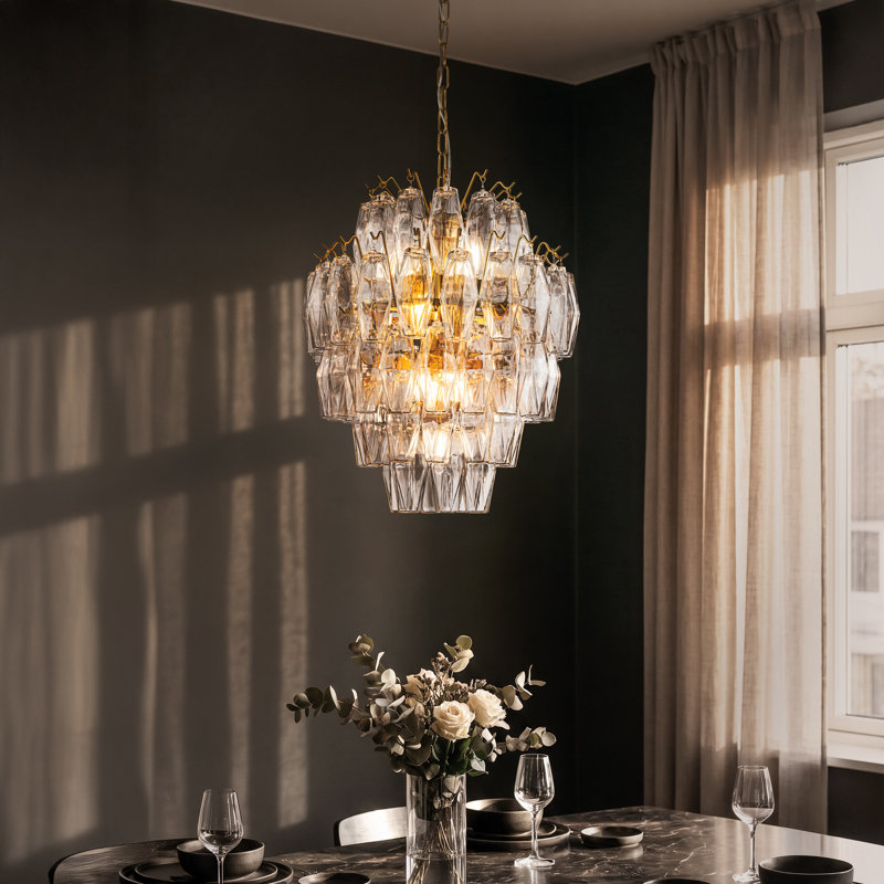 18'' Midcentury Modern Murano Glass Round Chandeliers 6-Light Handblown Glass Pendant Light Fixture Warm Brass Finish For Dining Room Living Room