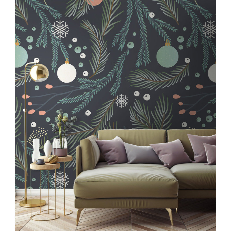 Papier peint amovible à branches florales avec branches de pin et feuillage d'hiver, L 9 po x l 15 po