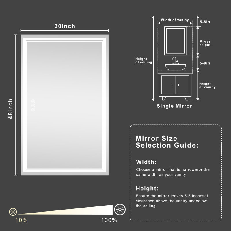 Anti-fog Tempered Glass LED Bathroom Mirror, 3 Colour Temperature with Front and Backlight, Rohs and CRU Compliant, Rectangle