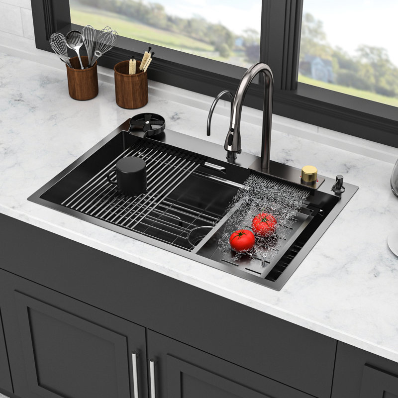 Évier de cuisine à simple cuve en acier inoxydable de calibre 16 en acier inoxydable de calibre 16 avec une cascade unique, robinet coulissant et support de séchage