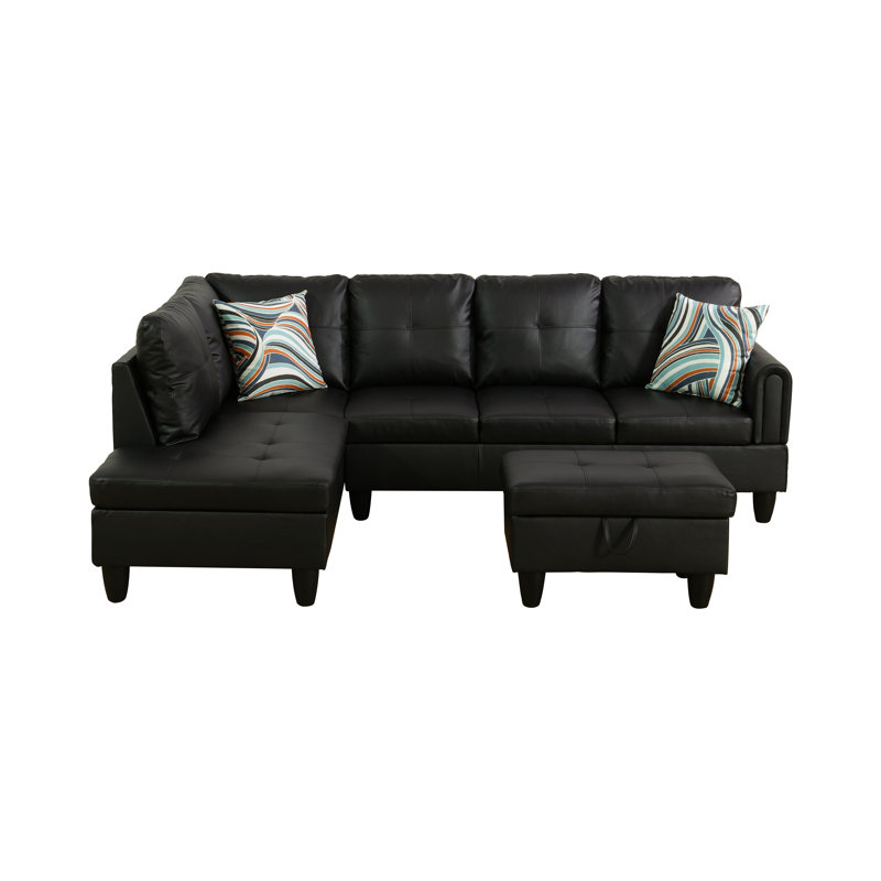 Faux 3-piece Leather Living Room Sofa Set, Black Faux Leather, Left Hand Facing